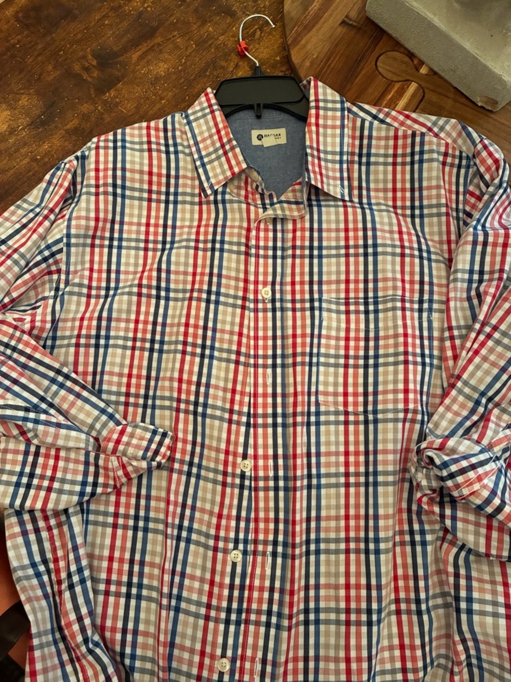Haggar Red, Blue & White Plaid Button-Up Dress Shirt